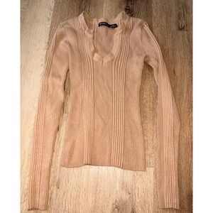 Simply by E Tan Ribbed Knit Long Sleeve Notched V-Neck Top XL